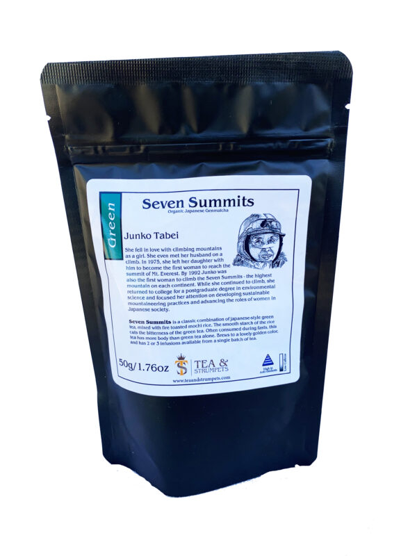packaging of seven summits organic genmaicha tea front
