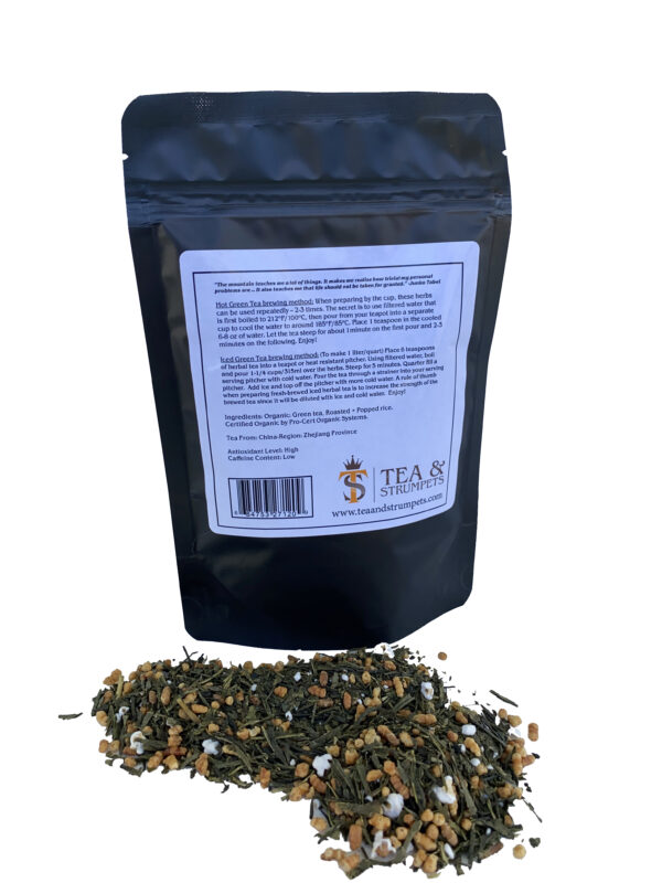 back of seven summits genmaicha tea packaging with loose tea leaves displayed